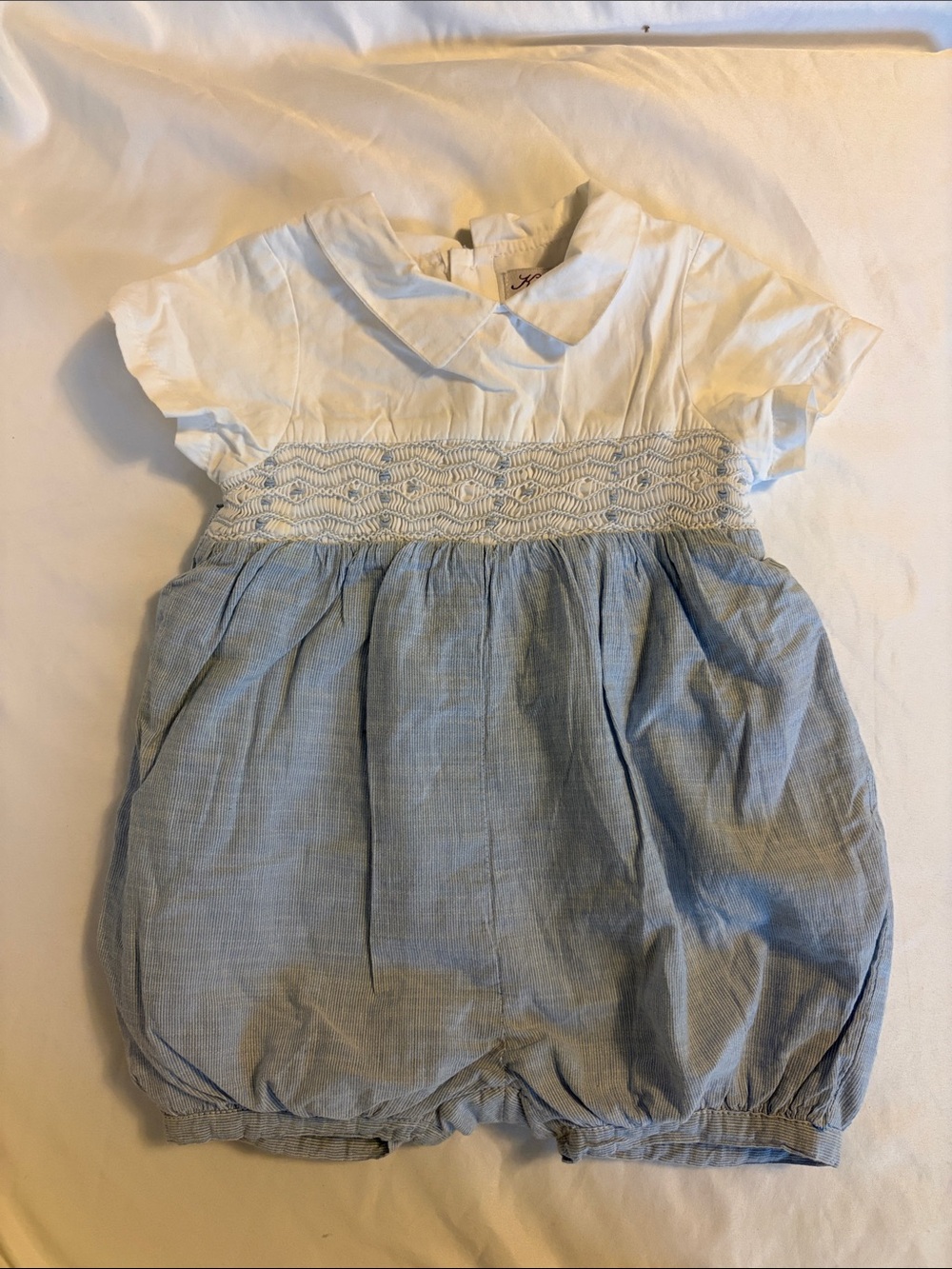 French handmade Classic White & Light Blue Smocked Baby Romper